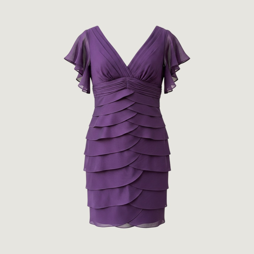 Adrianna Papell Purple Silk Tiered Ruffle Cocktail Dress V-Neck Flutter Sleeve